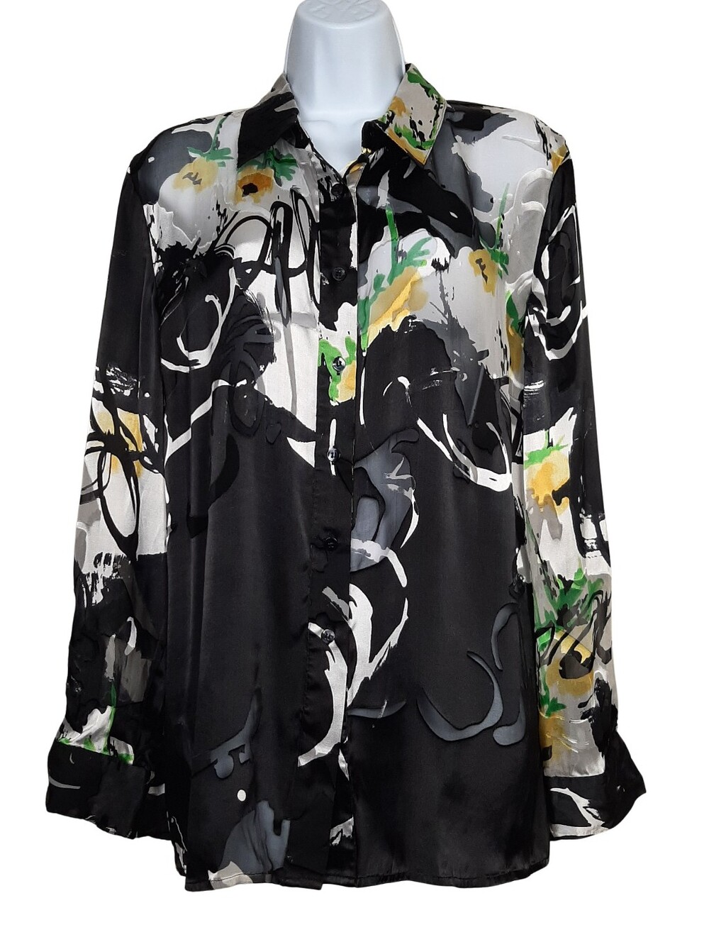 Chico's Silk Blend Button Front Long Sleeve Shirt Large